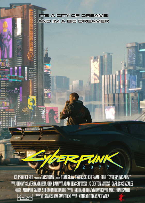 A futuristic cityscape with tall, neon-lit buildings and holographic advertisements. In the foreground, a man is leaning against a black car with a song lyric at the top saying, 'It's a city of dreams and I'm a big Dreamer.' The title 'Cyberpunk 2077