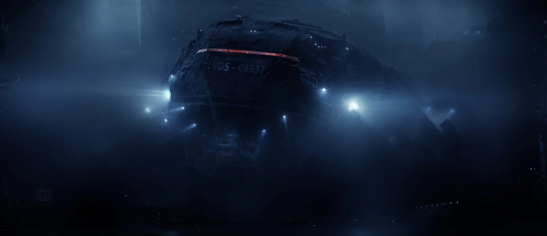Futuristic spaceship docked in a dark, foggy environment with blue lighting and a science fiction atmosphere.