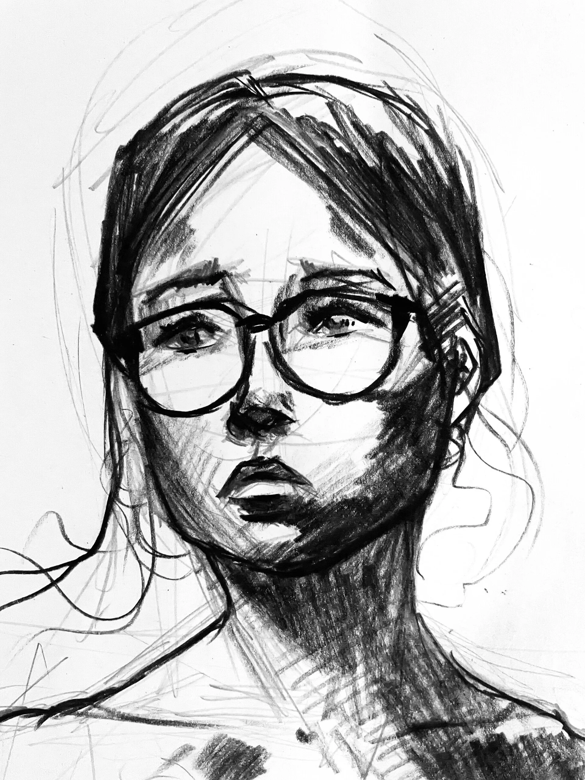Black and white sketch of a woman with glasses, with hair falling loosely around her face and a serious expression.