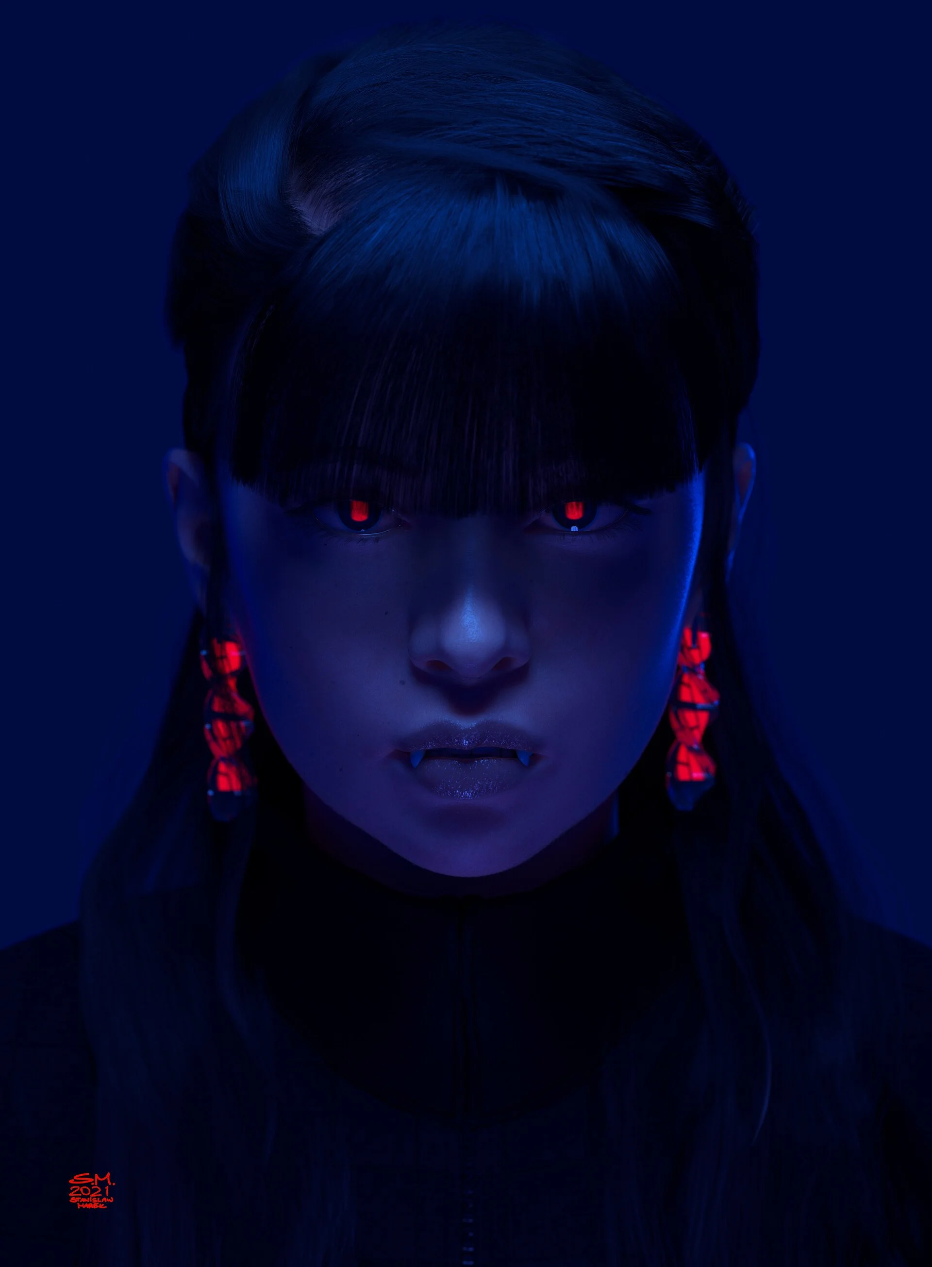 Close-up portrait of a woman with dark hair styled with blunt bangs, illuminated with blue and red lighting. Her eyes are glowing red, giving a cyberpunk or futuristic appearance. She has Vampiric fangs visible in her slightly open mouth, and wears r