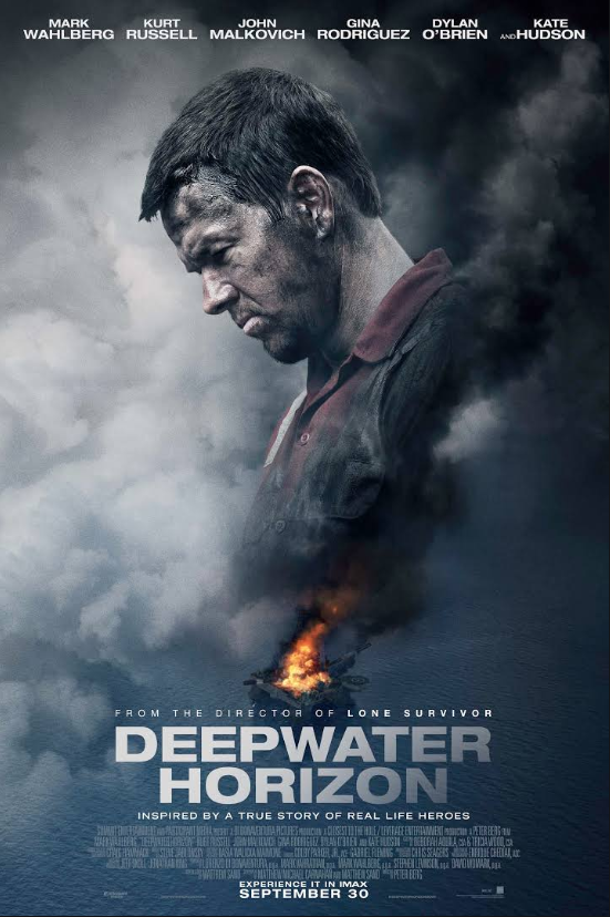 A Netflix movie poster for Deepwater Horizon, featuring a large image of a man looking downward, with smoke and fire in the background, and a small oil platform engulfed in flames at the bottom.