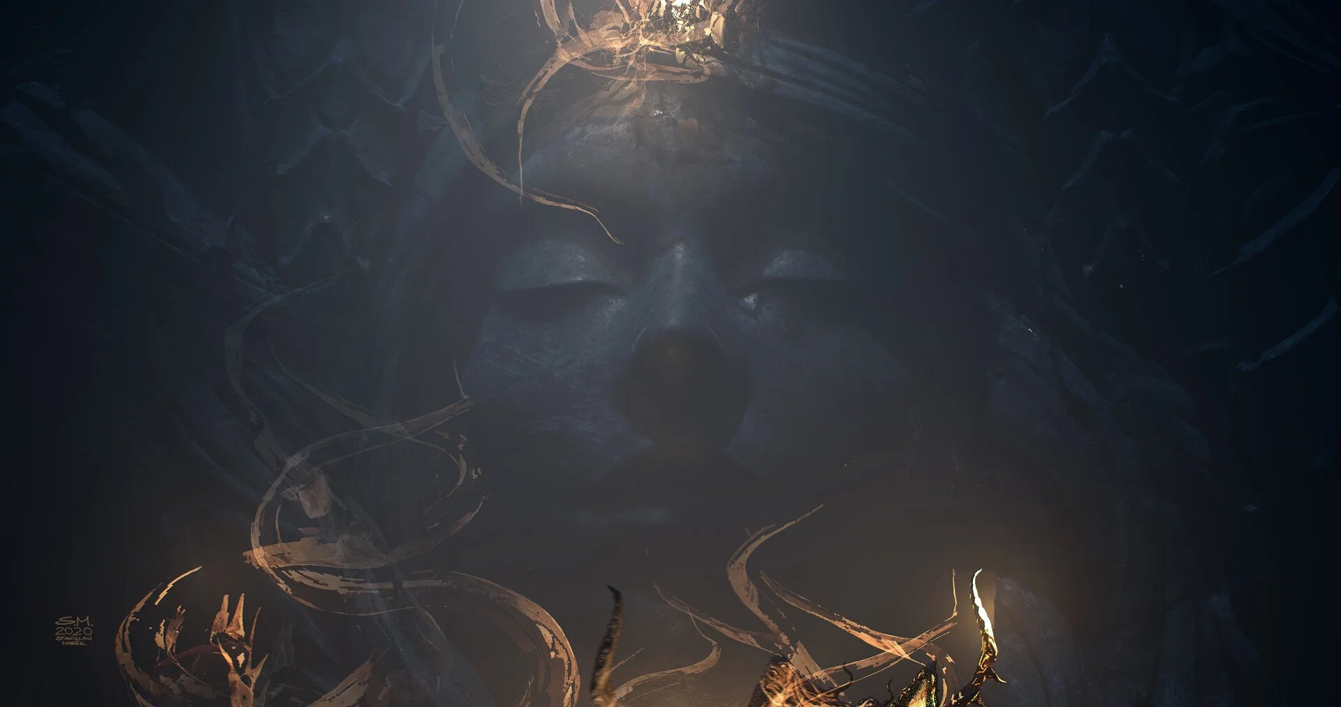 Dark, mystical scene with a human face partially obscured by swirling golden and dark tendrils, and a glowing light source at the bottom.