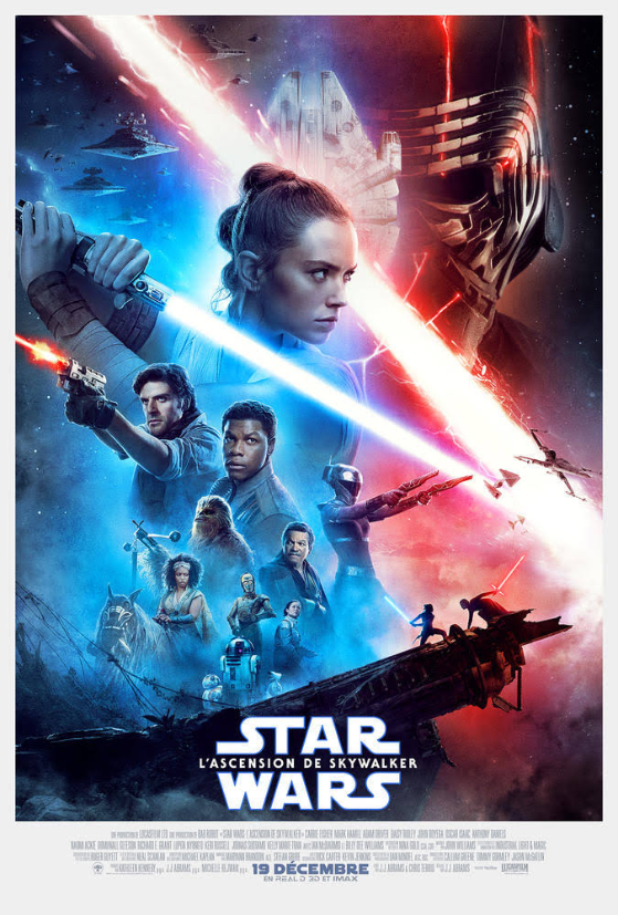 Star Wars: The Rise of Skywalker movie poster featuring Rey holding a blue lightsaber, Kylo Ren with a red lightsaber, and other characters including Finn, Poe, and Rey's friends, with spaceships and battle scenes in the background.