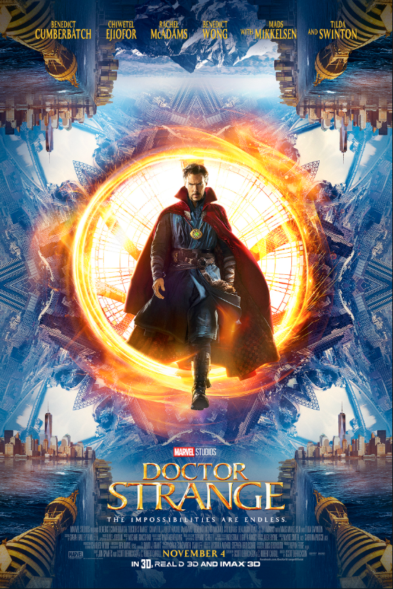 Movie poster for 'Doctor Strange' featuring Doctor Strange in the center with a glowing magical circle behind him. The background depicts a cityscape with iconic structures like the Brooklyn Bridge and New York skyline, mirrored above and below. The 