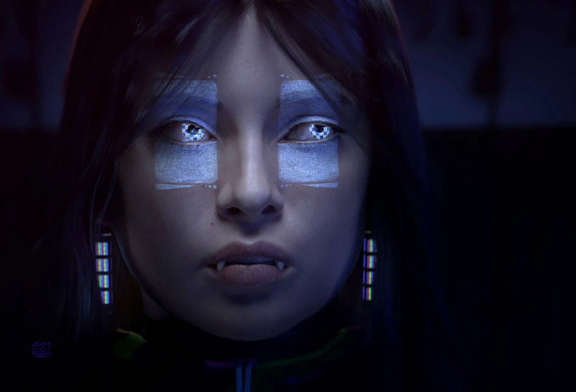 Close-up of a person with glowing, cybernetic eyes, digital effects on face, and vampire-like fangs, set against a dark background.