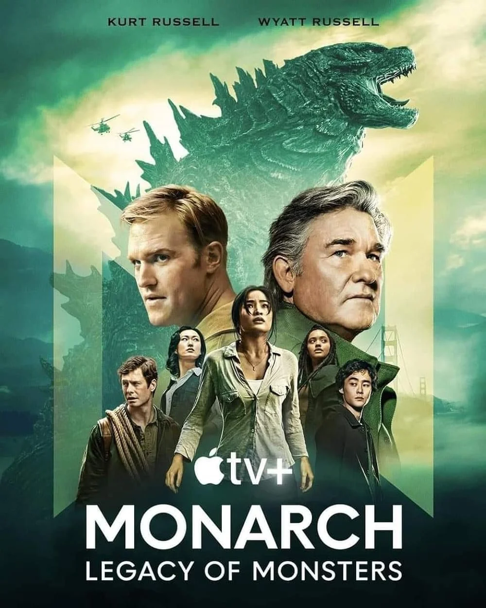 Promotional poster for the TV series 'Monarch: Legacy of Monsters' featuring actors' faces with a giant monster and helicopters in the background, with the Apple TV+ logo and the title at the bottom.