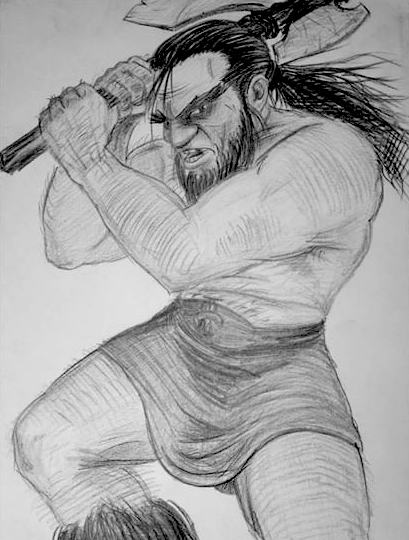 A pencil sketch of a muscular man with long hair and a beard, wielding an axe above his head in an aggressive pose.