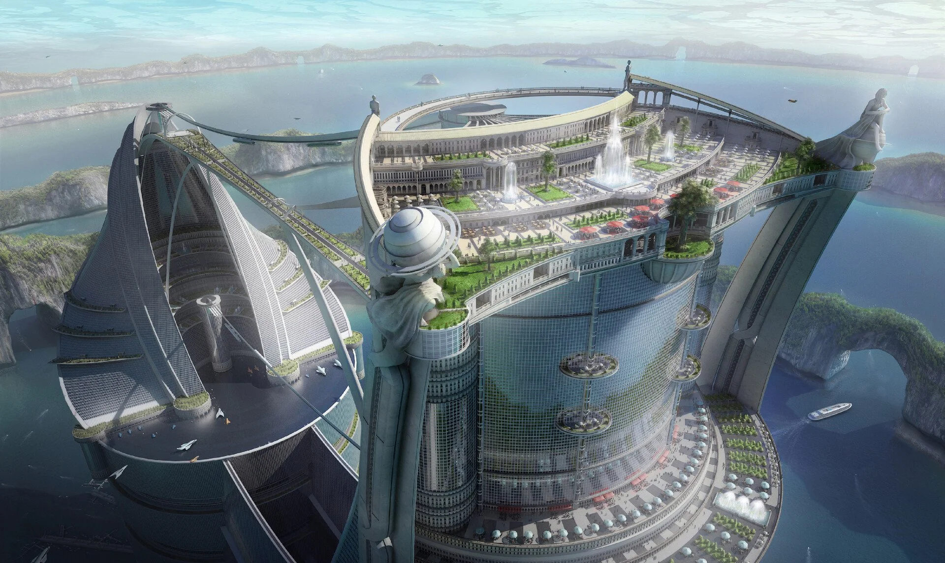 Futuristic cityscape with tall skyscrapers, bridges, green rooftops, fountains, and statues, situated over water with islands in the background.