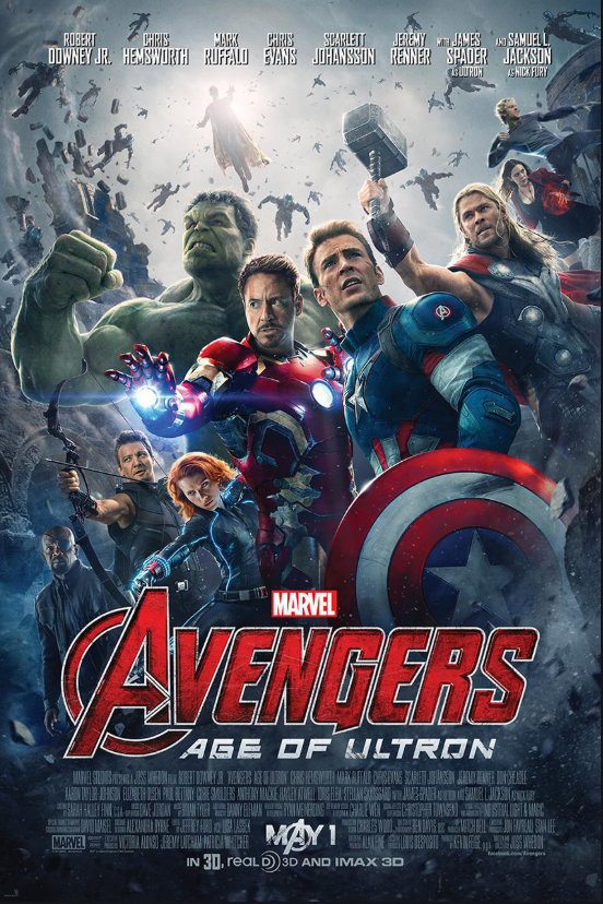 The Avengers team facing off against various villains including the Hulk, Iron Man, Thor, Black Widow, Captain America, and others, with chaos and destruction in the background from the movie 'Avengers: Age of Ultron'.