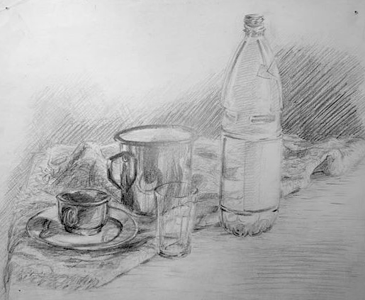 A pencil sketch of a still life scene with a bottle, a cup and saucer, a mug, a glass, and a potted plant on a cloth surface.