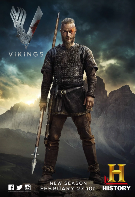 A warrior in Viking attire standing in a rugged landscape with mountains and dark clouds. He holds a spear, has a beard, and wears armor and leather clothing, with a fierce expression. The image promotes the new season of a historical TV show premier