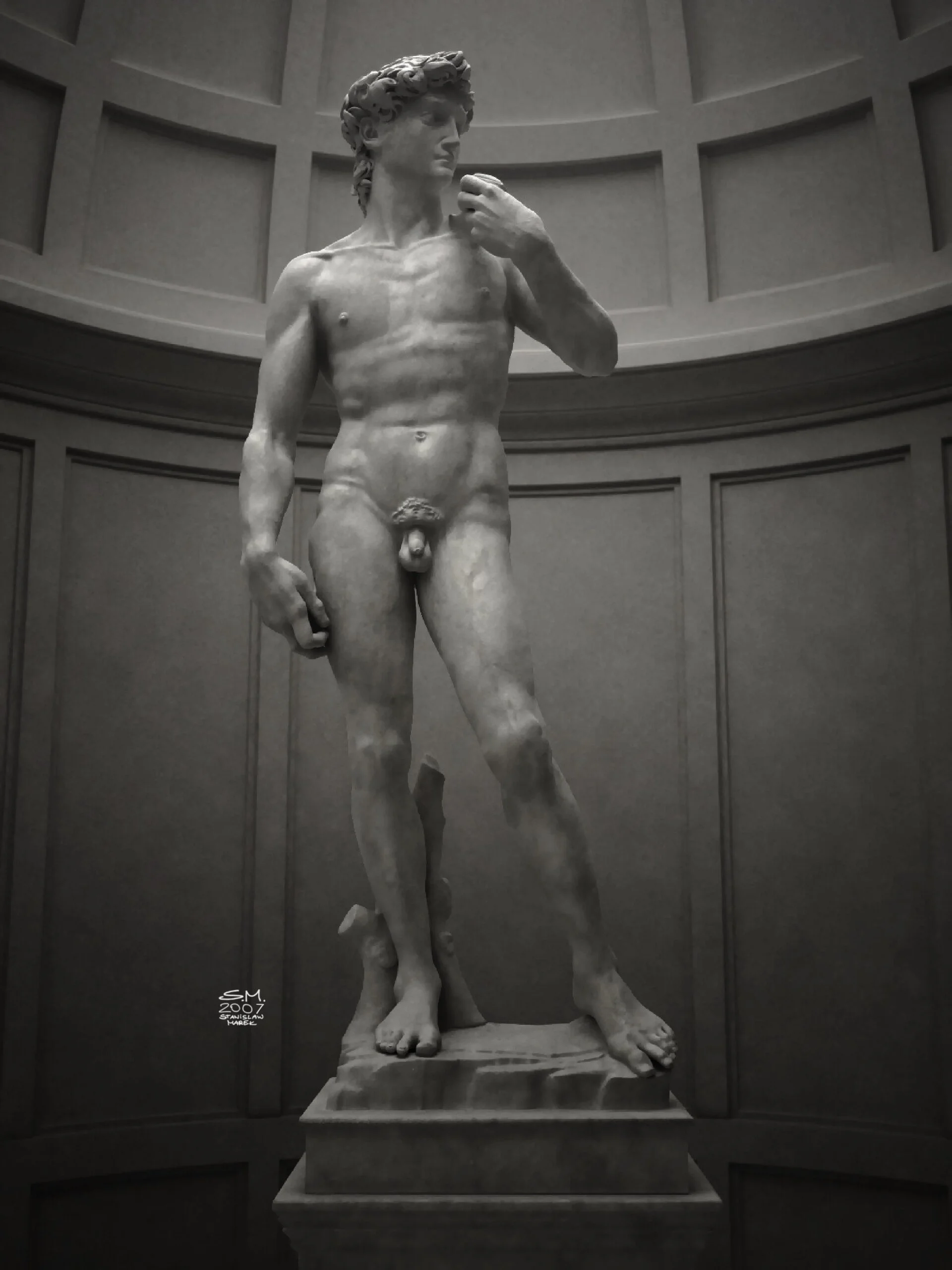 Black and white photograph of the marble sculpture David by Michelangelo, displayed in a museum setting with a circular wall and pedestal. The statue depicts a nude male figure with curly hair, standing with a confident pose, holding a sling over his