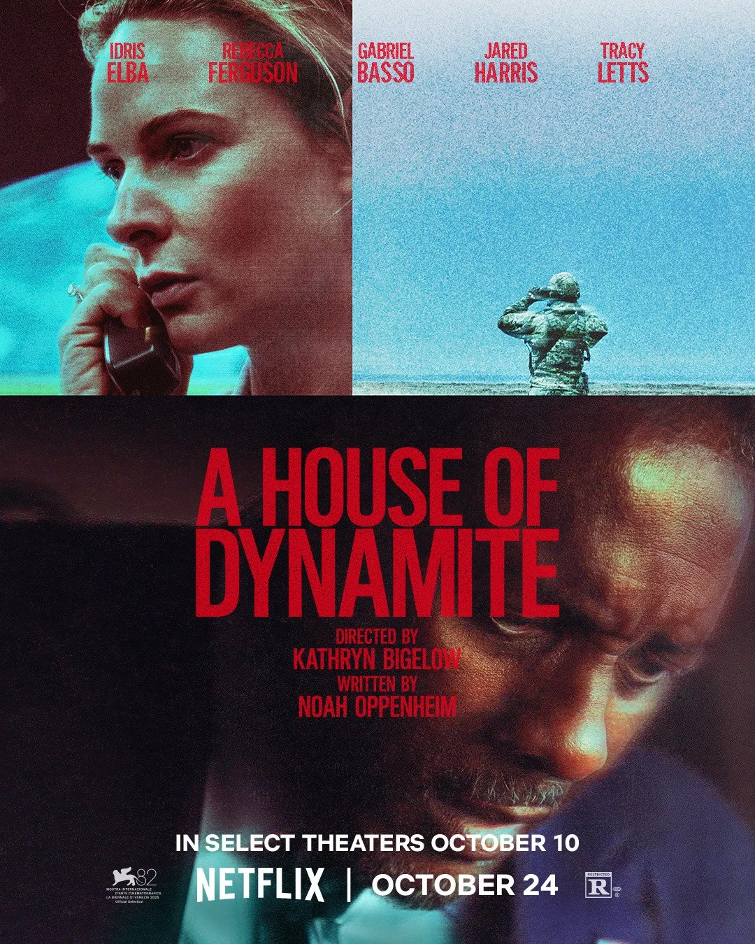 Movie poster for "A House of Dynamite" featuring rock and soldier themes. Top left shows a woman talking on a phone, top right shows a soldier saluting by the ocean. Bottom displays the movie title in bold red letters and mentions it is directed by K