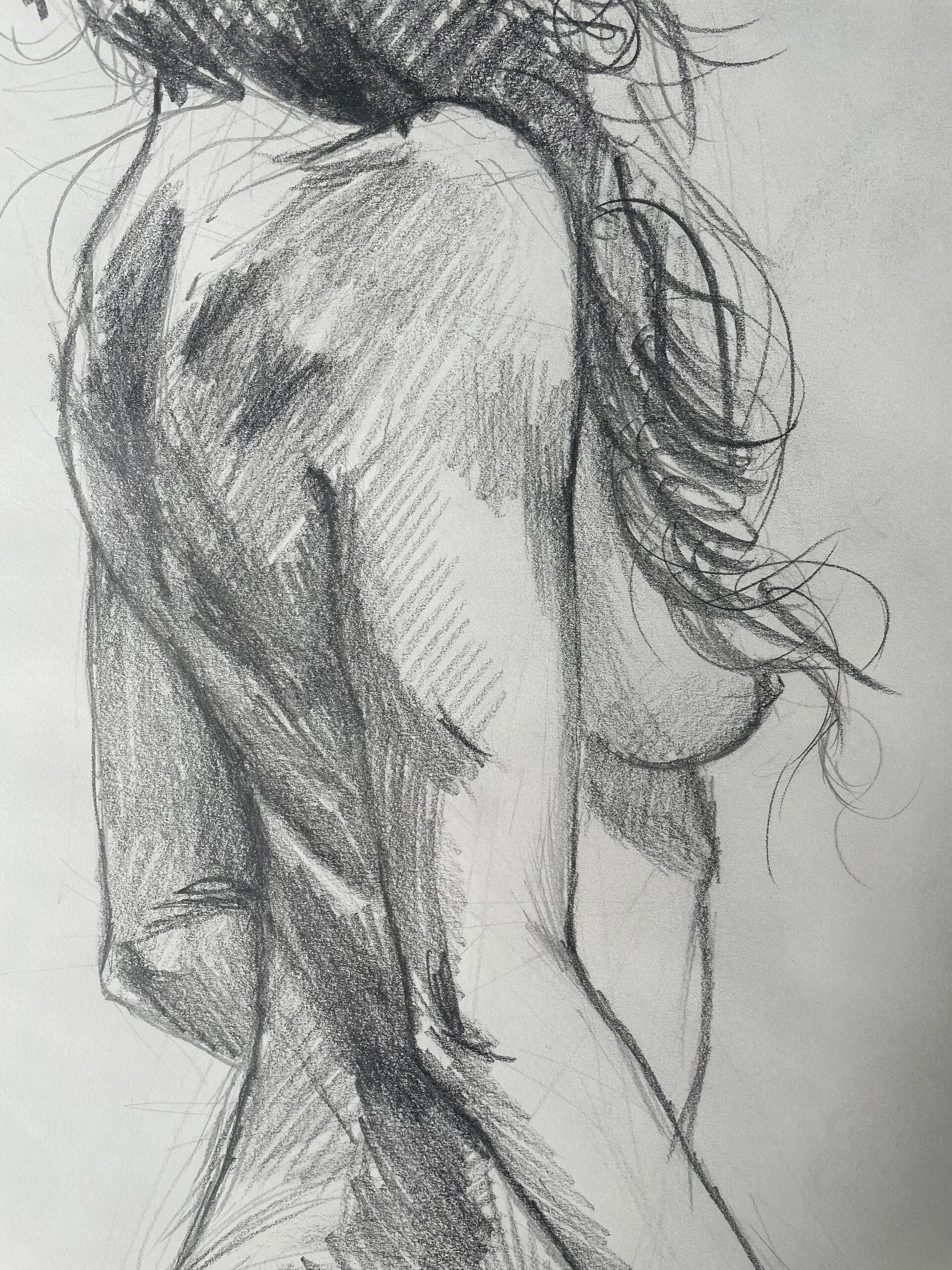 A detailed pencil sketch of a woman with long, wavy hair viewed from the side, showing her face, shoulder, and upper torso.
