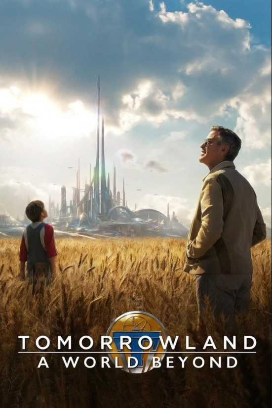 A young boy and an older man standing in a golden wheat field, looking towards a futuristic city with tall spires and advanced structures under a blue sky with clouds, promoting the movie 'Tomorrowland: A World Beyond'.