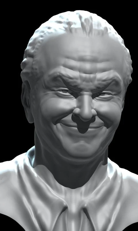 3D statue of a smiling elderly man with short hair, shown from chest up, against a black background.