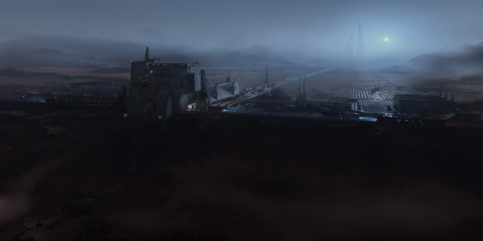 A futuristic, sci-fi landscape featuring a large space station or city with extensive infrastructure, set against a dark, mountainous background under a moonlit sky with distant mountains and a faint moon.