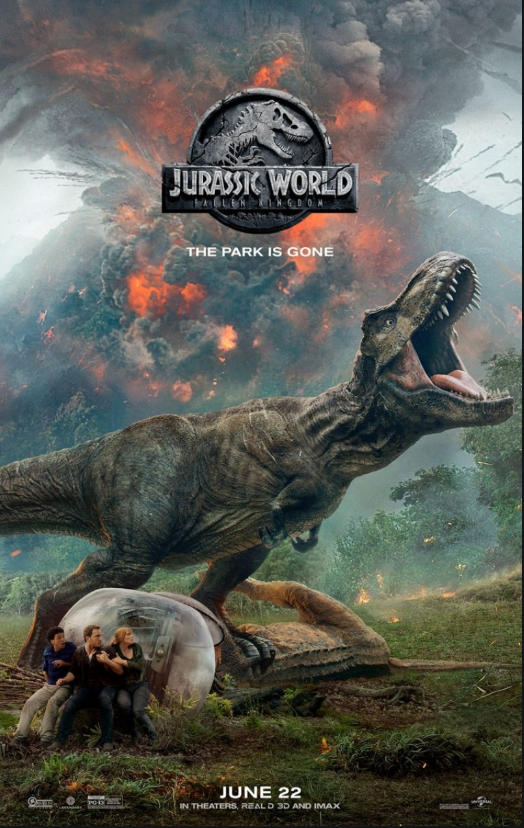 A promotional poster for Jurassic World: Dominion featuring a large T. rex dinosaur in a prehistoric landscape with a volcanic eruption in the background, the Jurassic World logo, and three people inside a transparent vehicle.