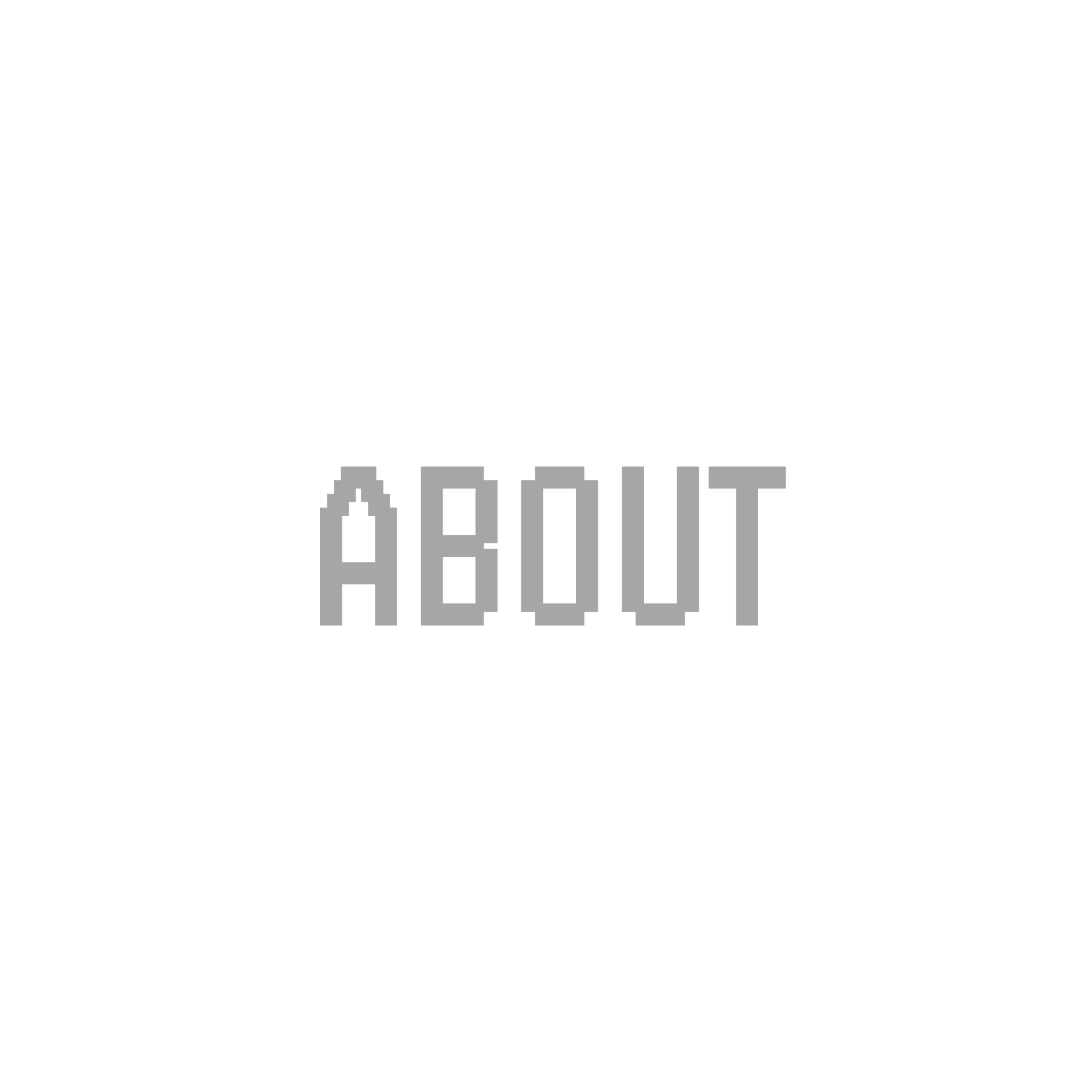 Black screen with the word 'ABOUT' in pixelated gray font.