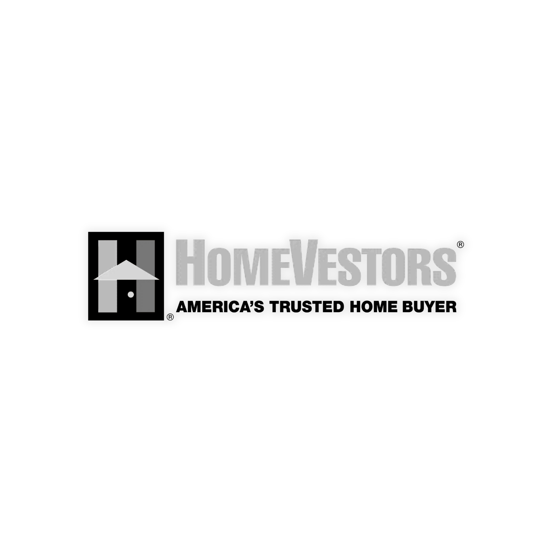 Black background with white text that reads 'HomeVestors'. Logos of HomeVestors and a house icon are also present, with the house icon in gray and white.