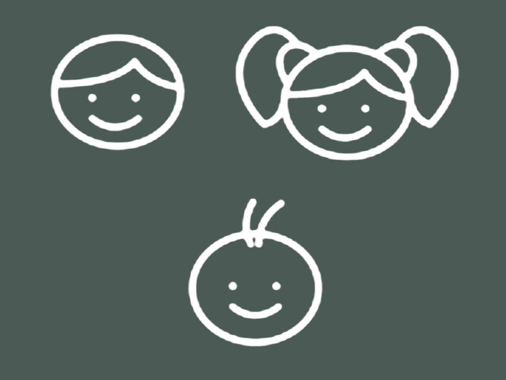 Drawing of three simple smiling children's faces, with two at the top and one at the bottom, on a dark background.