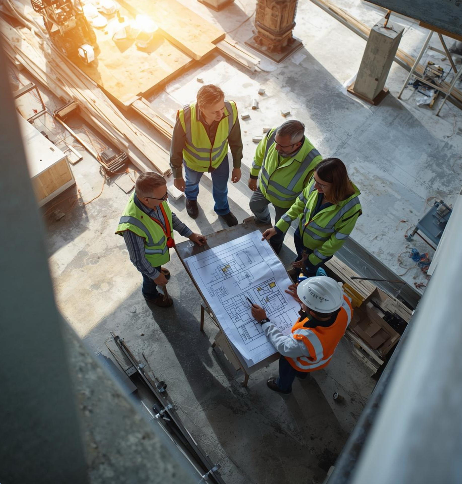 Group of construction workers and a supervisor discussing blueprints on a construction site.