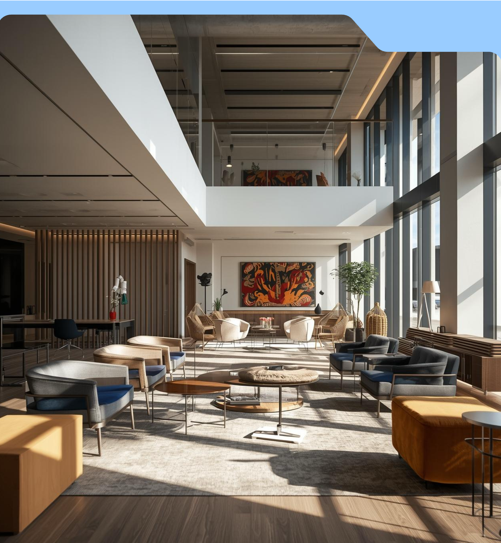 Modern hotel lobby with tall windows, natural light, and contemporary furniture including chairs, sofas, and coffee tables. A large abstract painting decorates the far wall, and indoor plants add greenery to the space.