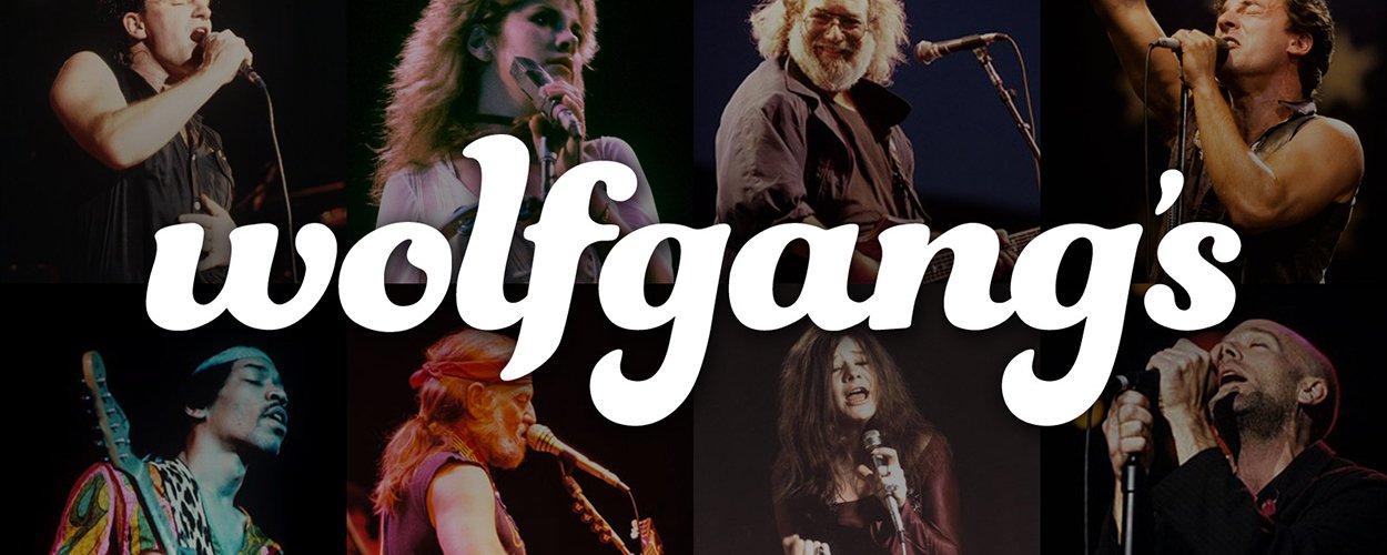 A collage of nine musicians performing on stage, with the word 'wolfgangs' overlaid in white cursive text.