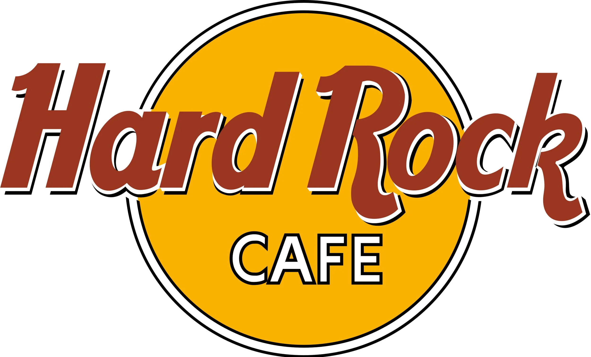 Hard Rock Cafe logo with yellow circle background and stylized text in red, white, and black.
