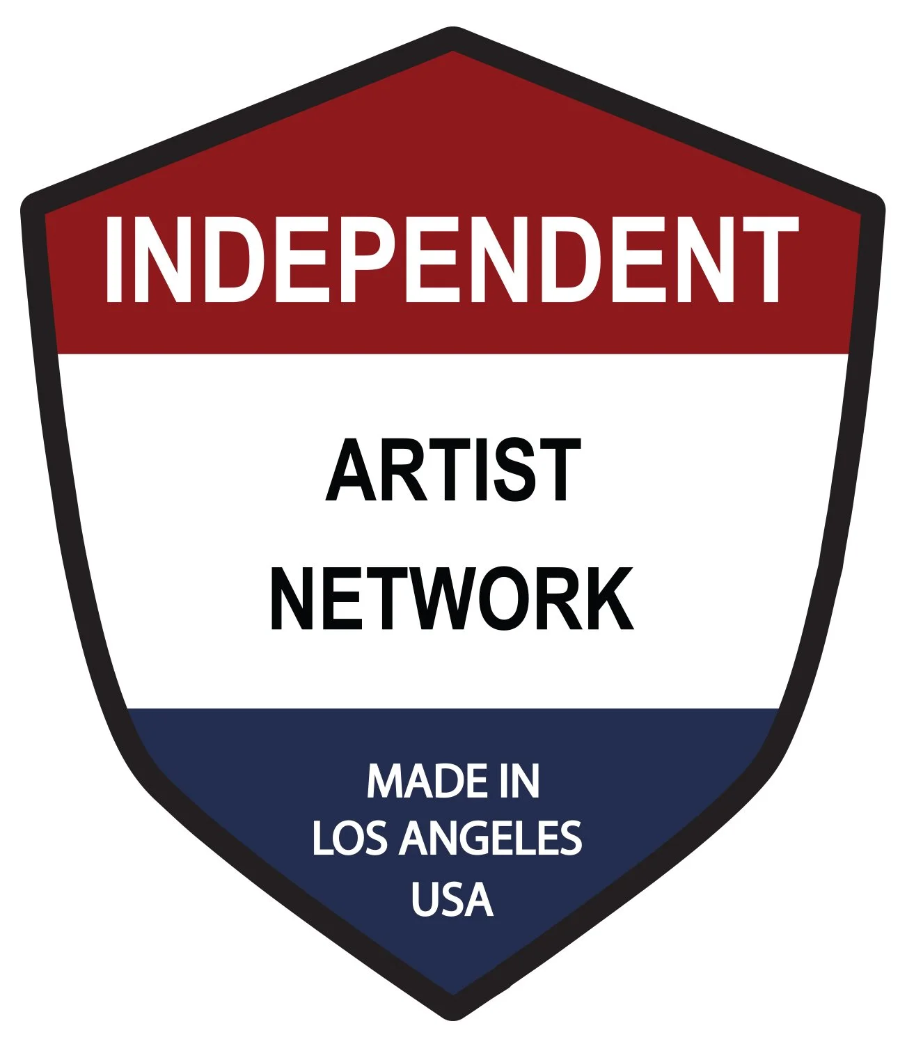 Badge with red, white, and blue sections reading 'Independent Artist Network' made in Los Angeles, USA.