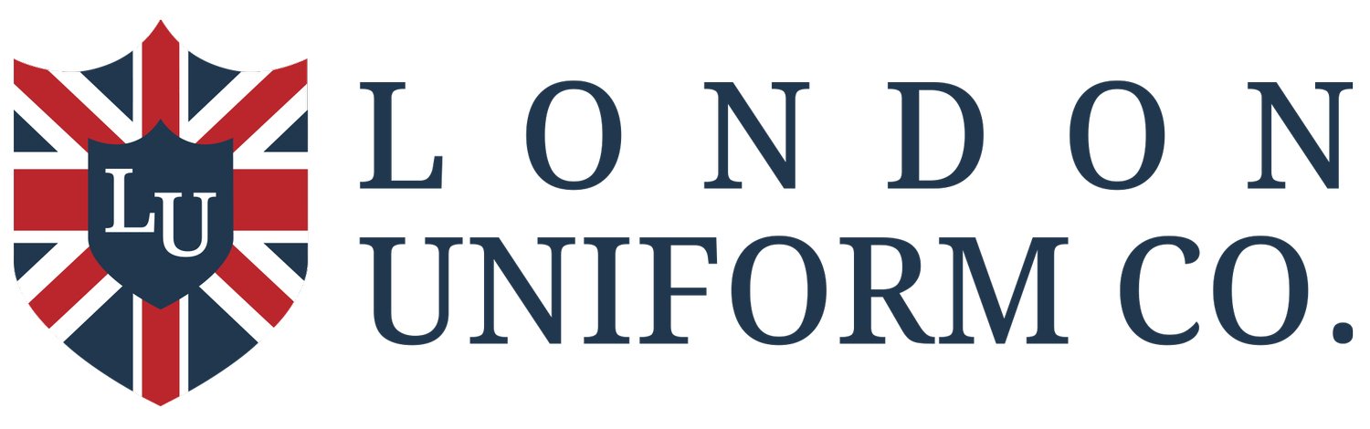 Logo for London Uniform Co., featuring a shield with the Union Jack pattern and the initials "LU" in the center.