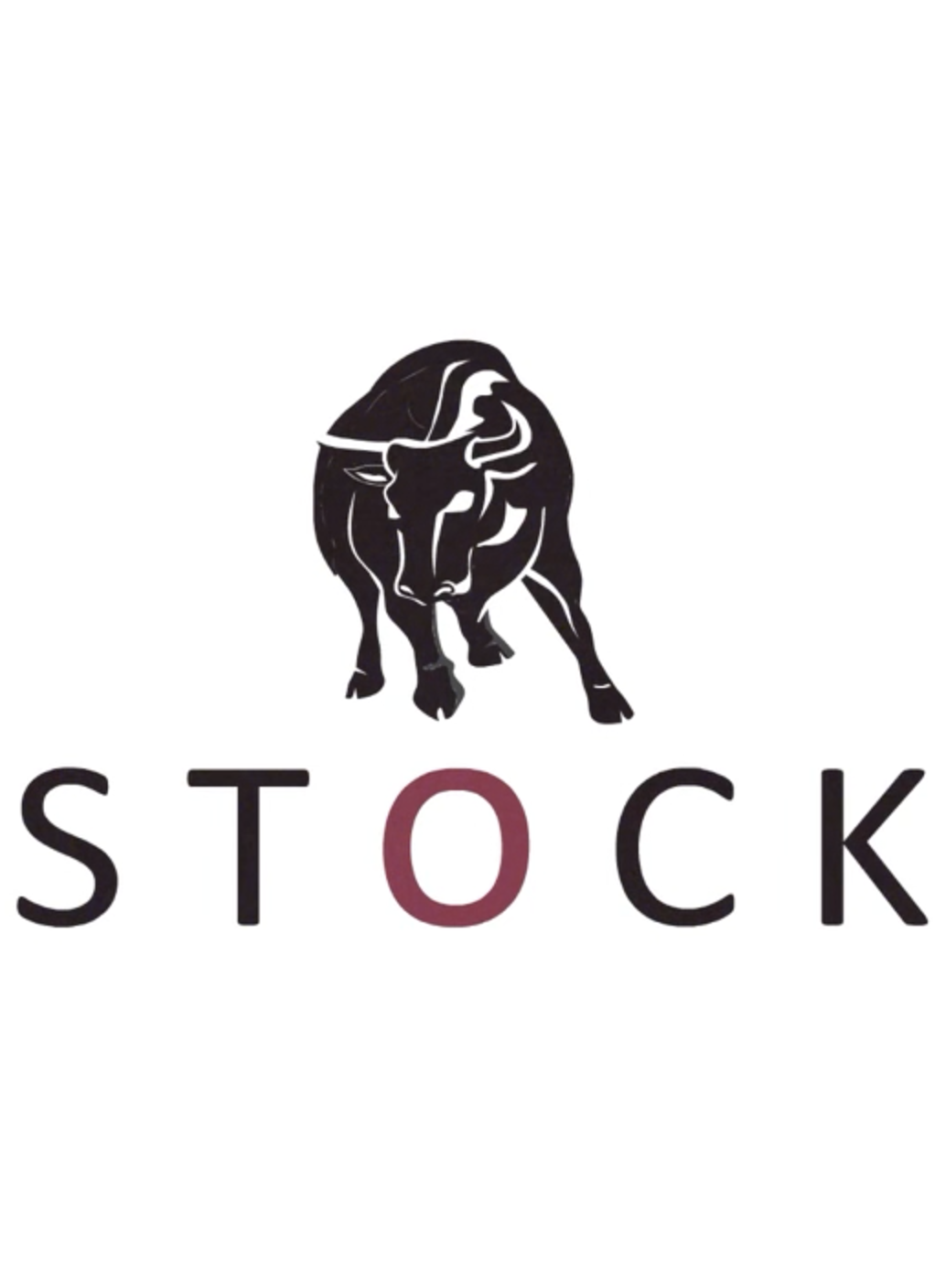 A stylized black bull graphic above the word 'STOCK' with the letter 'O' in a maroon color.
