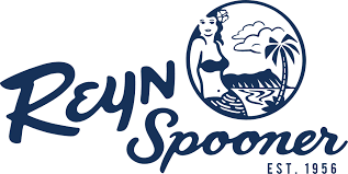 Reyn Spooner logo featuring a woman in traditional attire near the water with palm trees and clouds, and the text 'Reyn Spooner EST. 1956'.