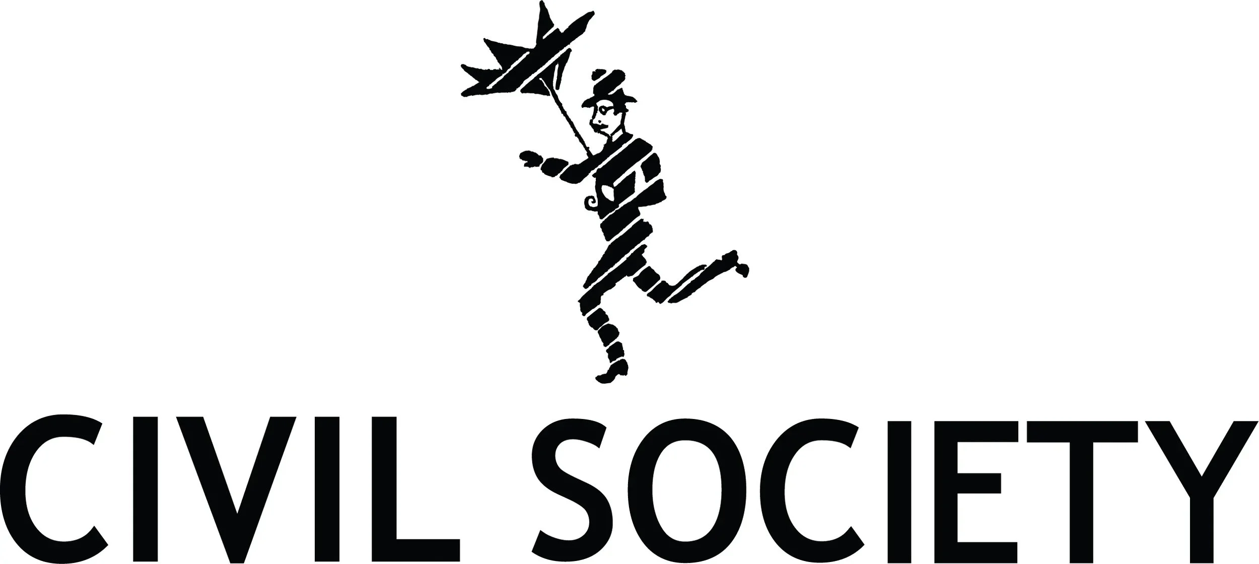 Logo of the Civil Society organization, featuring a stylized black and white drawing of a person in traditional attire holding a large umbrella, with the words "CIVIL SOCIETY" written underneath.