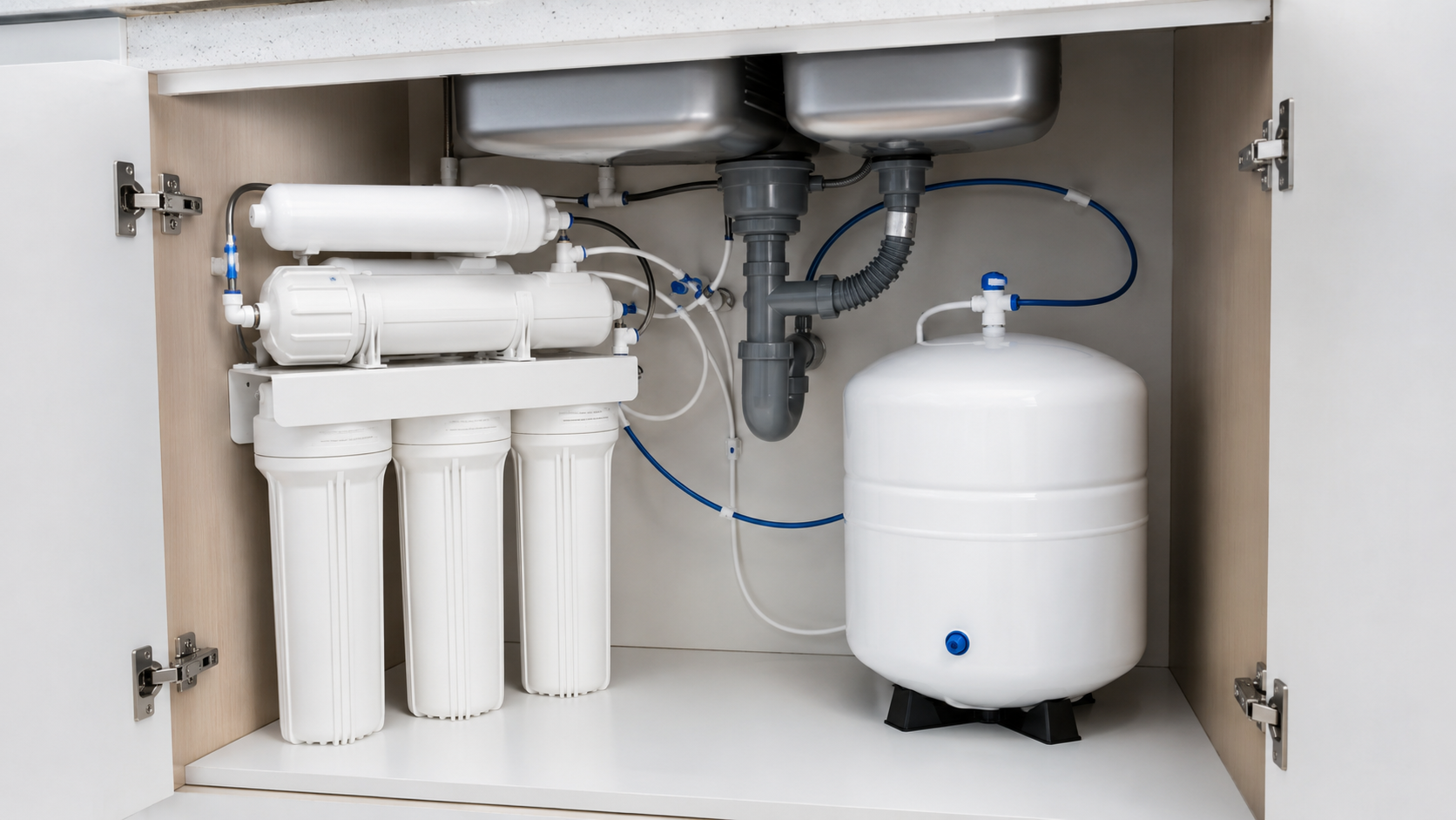 Under kitchen sink, a reverse osmosis water filtration system with three filters and a storage tank.