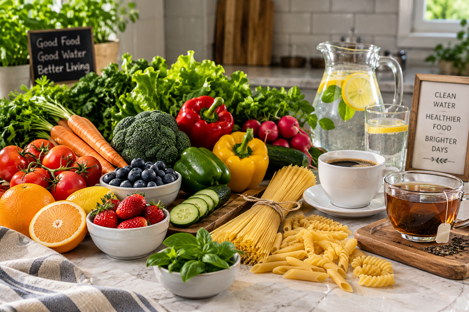 Assorted fresh vegetables, fruits, pasta, and beverages on a kitchen counter.