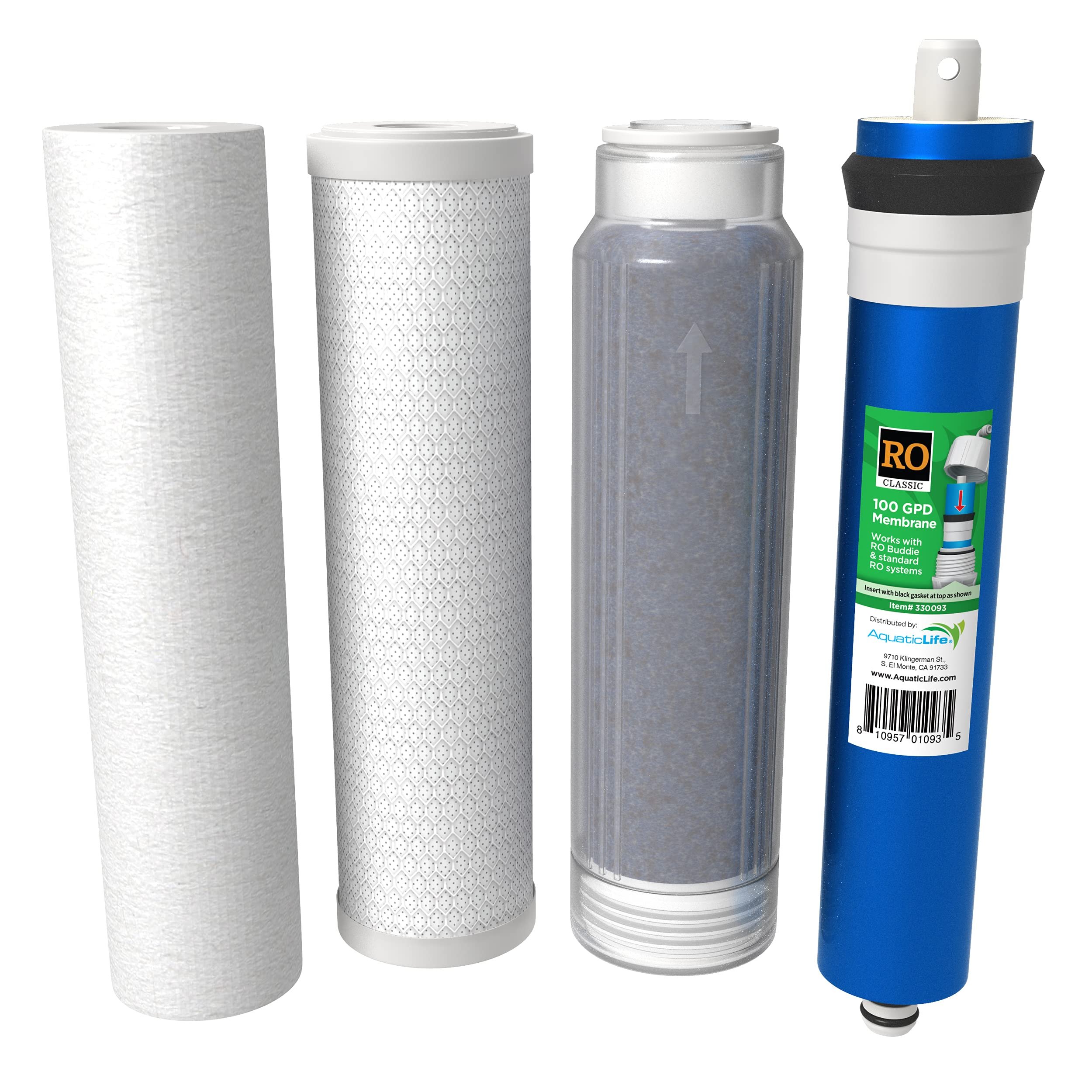 Four different water filter cartridges, including a white sediment filter, a white carbon filter, a clear filter with a black gasket, and a blue and white inline filter with a label.