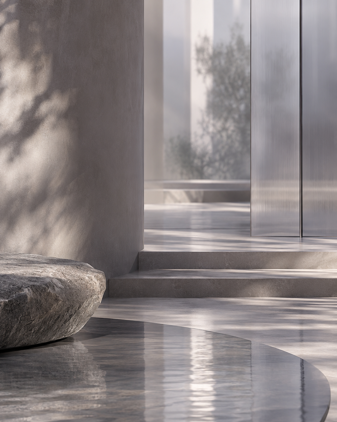 Modern interior space with stone and metal elements, featuring a textured stone bench, smooth concrete steps, a polished floor, and metal wall panels, with sunlight creating shadows.