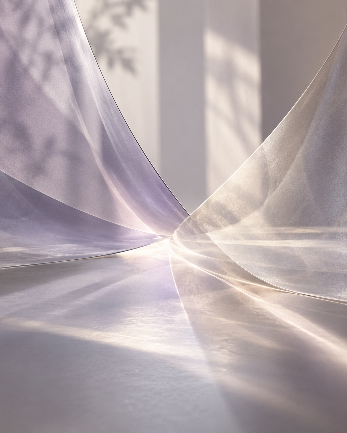 Abstract art with curved, translucent shapes in soft pastel colors reflecting light on a smooth surface.