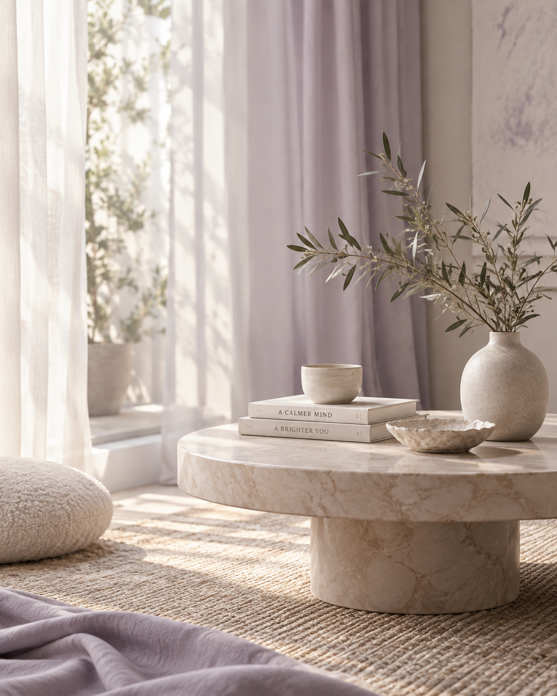 A marble coffee table with a white ceramic vase holding green leaves, three books, a small bowl, and a cup, set in a bright room with curtains and sunlight.