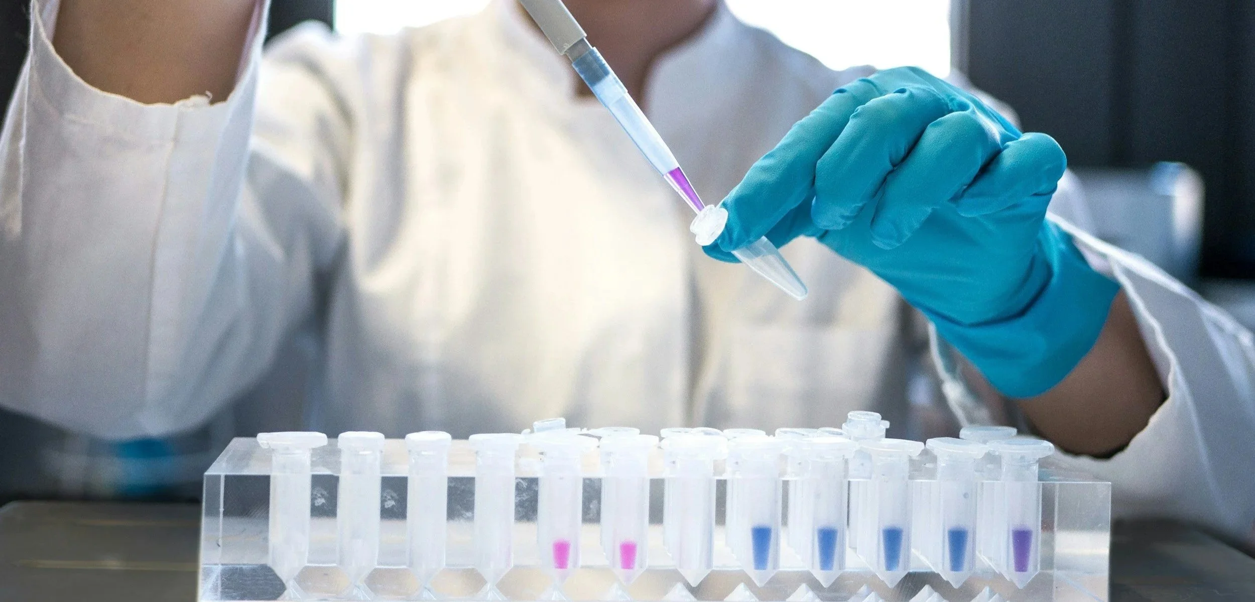 A scientist wearing a white lab coat and blue gloves is using a pipette to transfer a purple liquid into a small vial in a laboratory. There are multiple small vials arranged in a rack on the table.