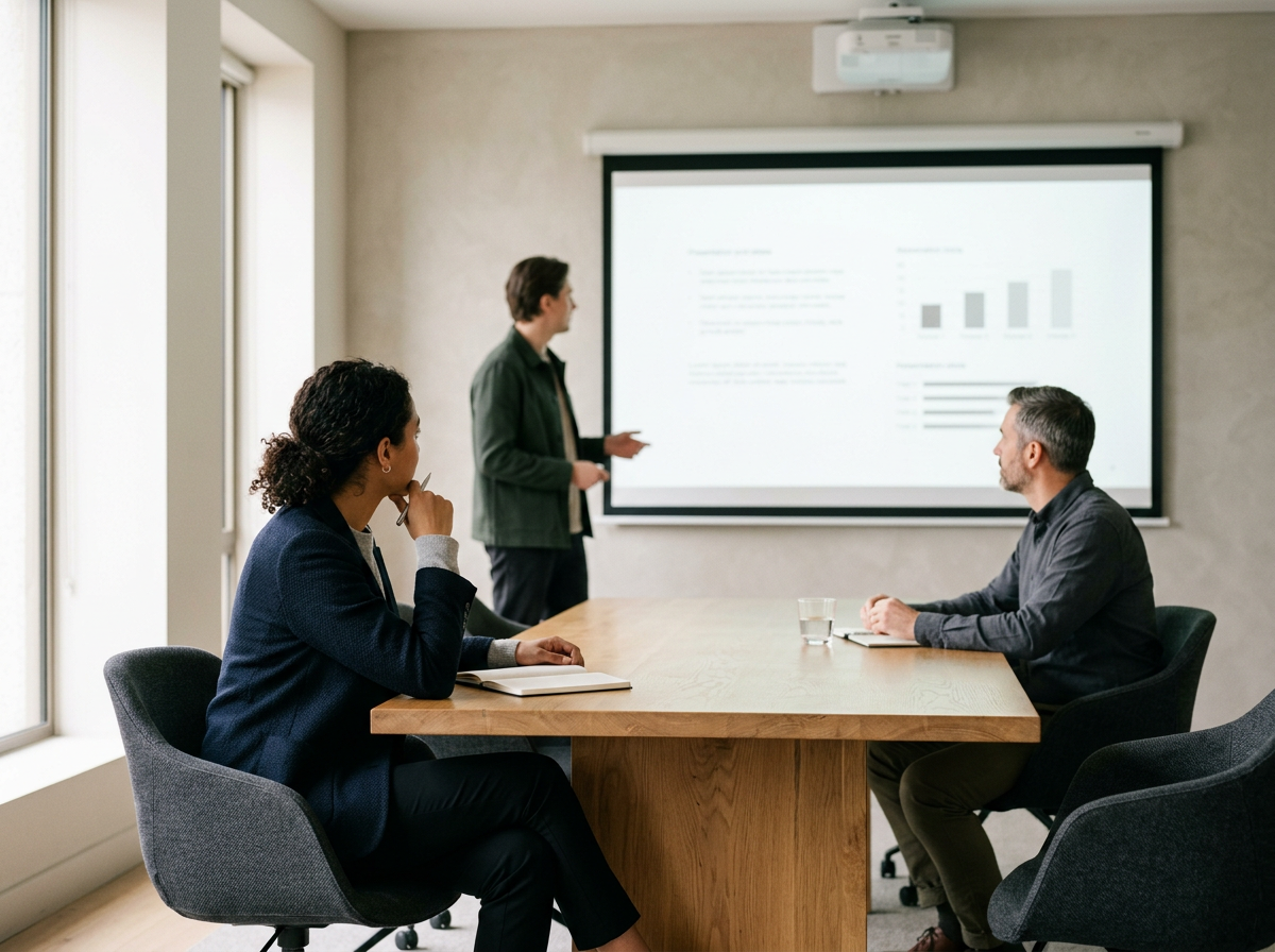 A business presentation in a conference room with three people, two seated at a wooden table and one standing near a projection screen displaying charts and text.