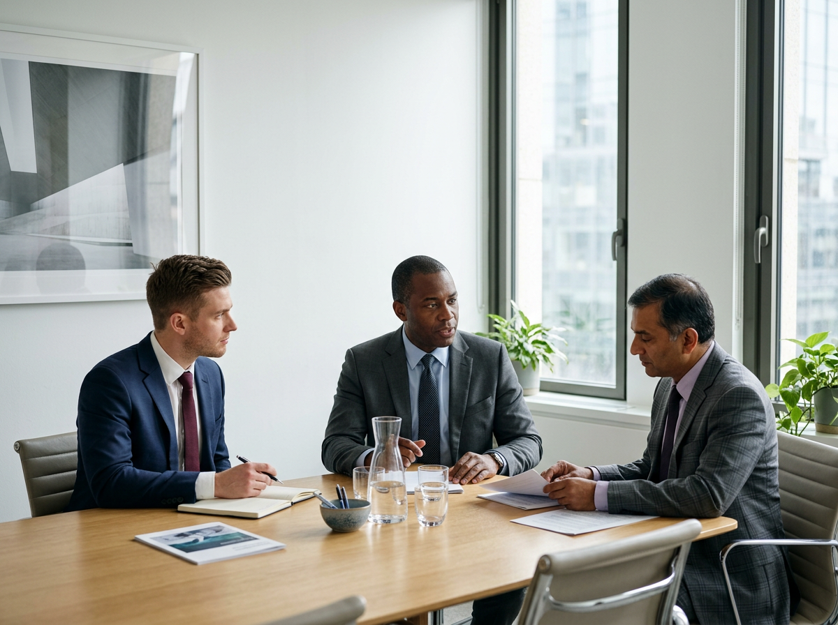 Three businessmen having a meeting in a modern office conference room with large windows and plants, one of them speaking while others listen.
