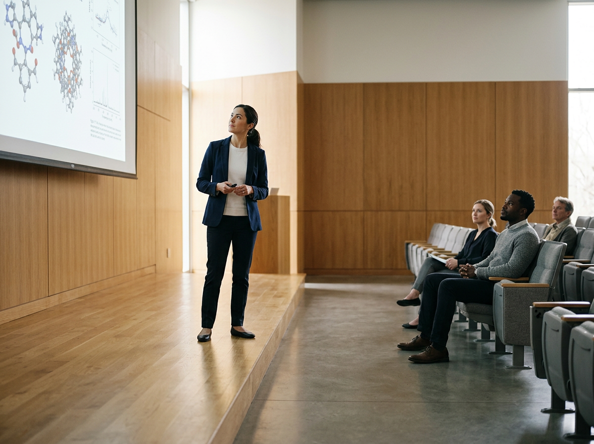 A woman in a blue blazer gives a presentation in a conference room with wooden walls, with a group of three people seated and looking at her.
