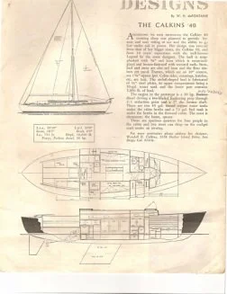 Blueprint drawings and a side profile sketch of a sailboat, including detailed plans and specifications.