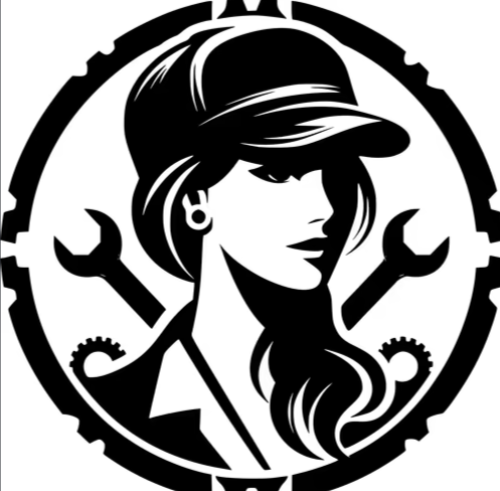 Black and white illustration of a woman with long hair wearing a cap, surrounded by mechanical tools like wrenches, within a circular gear outline.
