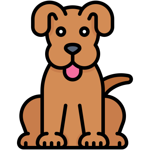 Cartoon illustration of a happy brown dog with a pink tongue, sitting and facing forward.