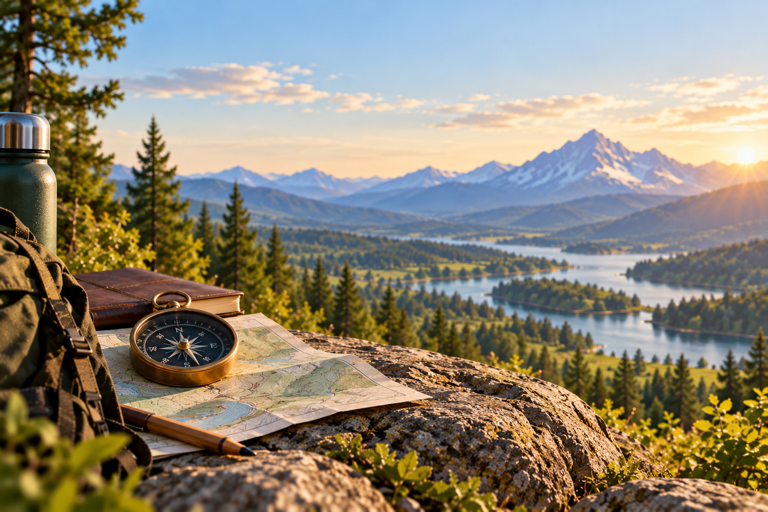 A scenic outdoor view of a river valley with a mountain range in the background, during sunset. In the foreground, there is a map, a compass, a brown notebook, a pens, a water bottle, and some clothing or gear on a rock surface surrounded by greenery.