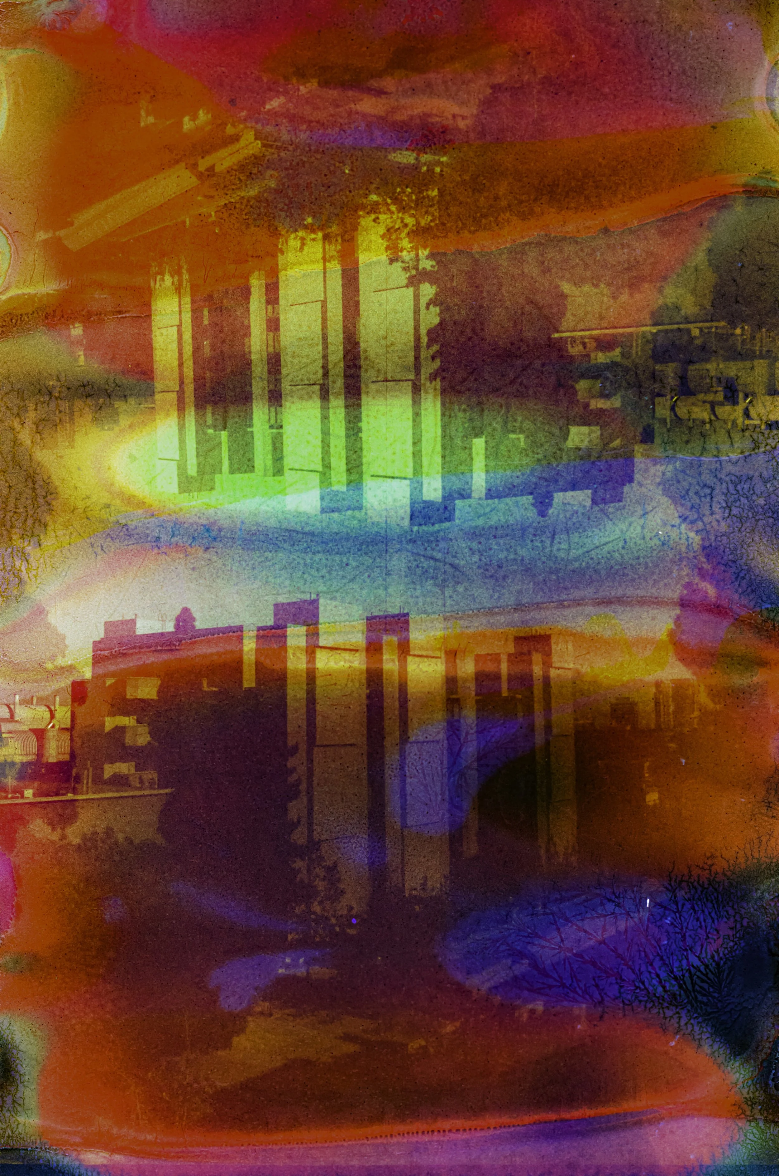 Repeated concrete columns at UCLA layered beneath red, orange, blue, and green chemical textures.