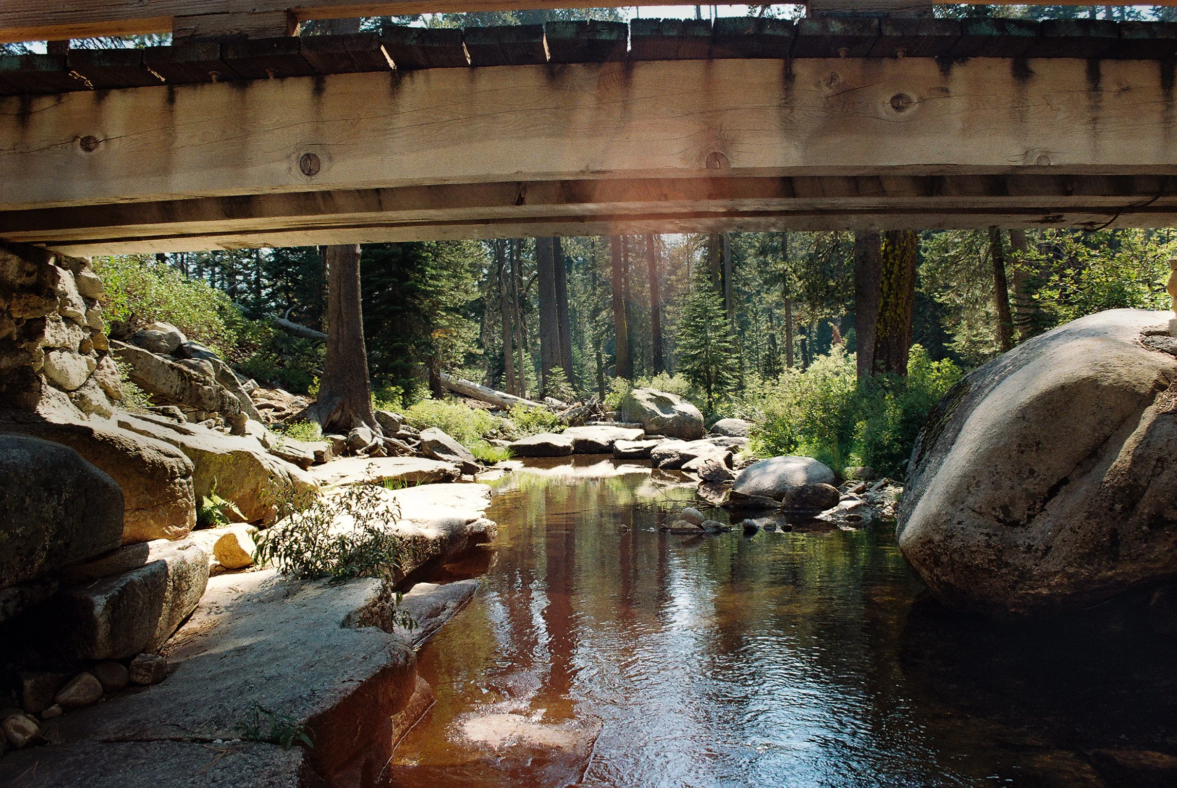 A natural landscape featuring a calm creek flowing through a forest under a wooden bridge.